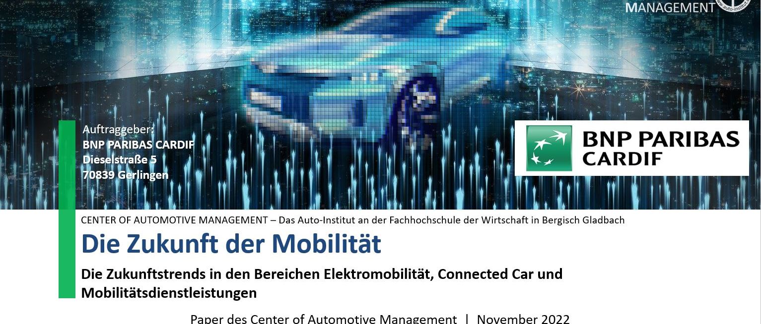 Vorschaubild der Studie: Center of automotive management - Das Auto-Institut an der Fachhochschule der Wirtschaft in Bergisch Gladbach: Die Zukunft der Mobilität - Die Zukunftstrends in den Bereichen Elektromobilität, Connected Car und Mobilitätsdienstleistungen. Paper des Center of Automotive Management, November 2022 von Prof. Dr. Stefan Bratzel und Dipl. Kfm. Ralf Tellermann