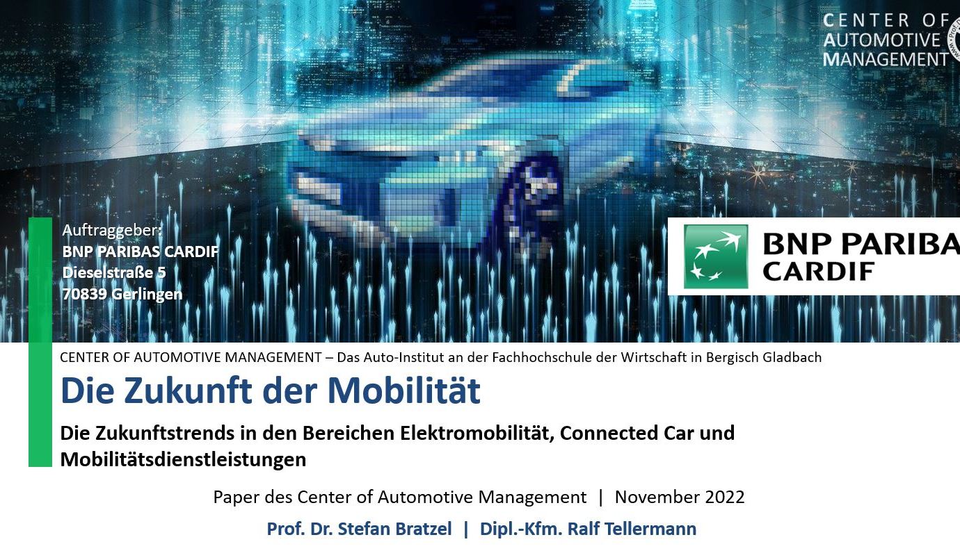 Vorschaubild der Studie: Center of automotive management - Das Auto-Institut an der Fachhochschule der Wirtschaft in Bergisch Gladbach: Die Zukunft der Mobilität - Die Zukunftstrends in den Bereichen Elektromobilität, Connected Car und Mobilitätsdienstleistungen. Paper des Center of Automotive Management, November 2022 von Prof. Dr. Stefan Bratzel und Dipl. Kfm. Ralf Tellermann
