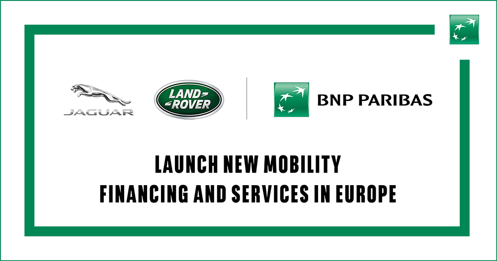 Logos: Jaguar, Land Rover, BNP Paribas, darunter der Schriftzug: Launch new mobility. Financing and services in Europe